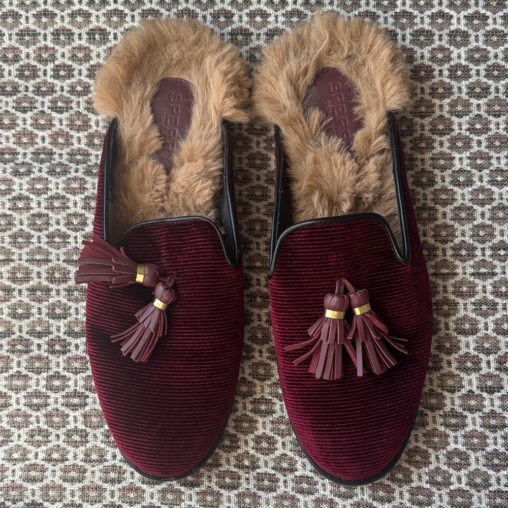 Sperry Seaport Levy Tassel Fur Mule Loafer Burgundy/Wine Size 8